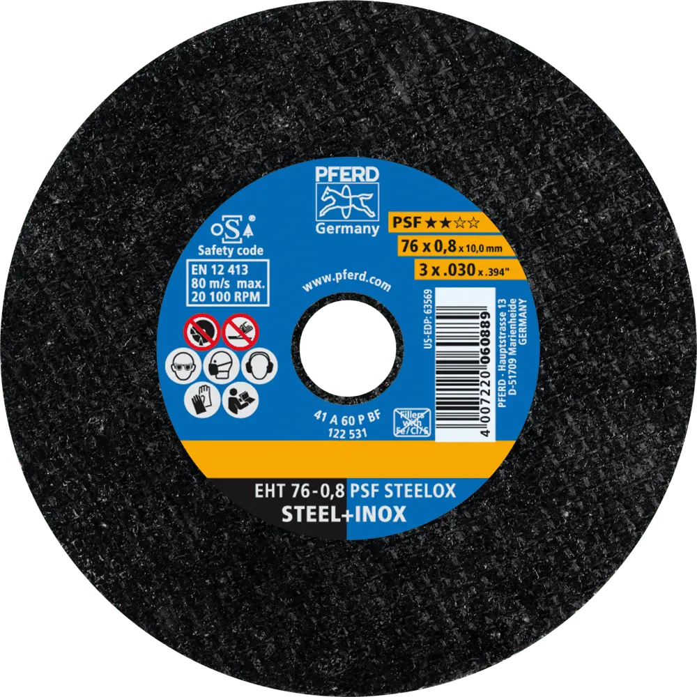Produktfoto 1 von PFERD TOOLS Trennscheibe EHT 76x0,8x10mm gerade Universallinie PSF STEELOX für Stahl/Edelstahl, 25 Stk.