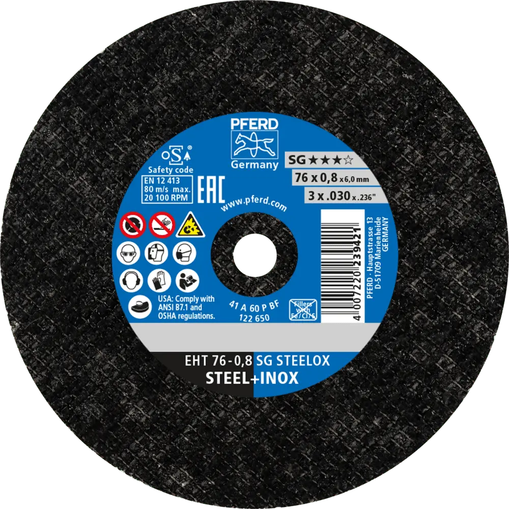 Produktfoto 1 von PFERD TOOLS Klein-Trennscheibe EHT 76x0,8x6 mm gerade Leistungslinie SG STEELOX für Stahl/Edelstahl, 50 Stk.