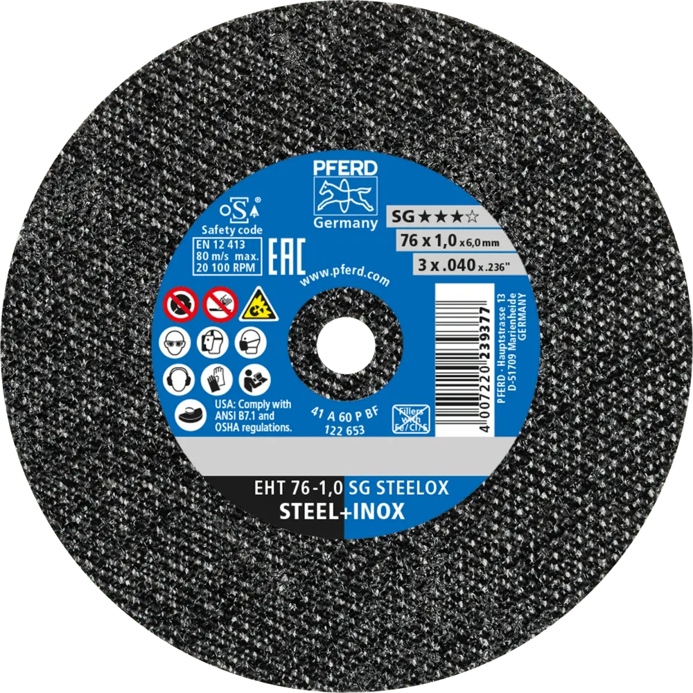 Produktfoto 1 von PFERD TOOLS Klein-Trennscheibe EHT 76x1,0x6 mm gerade Leistungslinie SG STEELOX für Stahl/Edelstahl, 50 Stk.
