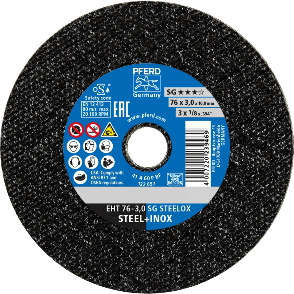 Produktfoto 1 von PFERD TOOLS Klein-Trennscheibe EHT 76x3,0x10mm gerade Leistungslinie SG STEELOX für Stahl/Edelstahl, 50 Stk.