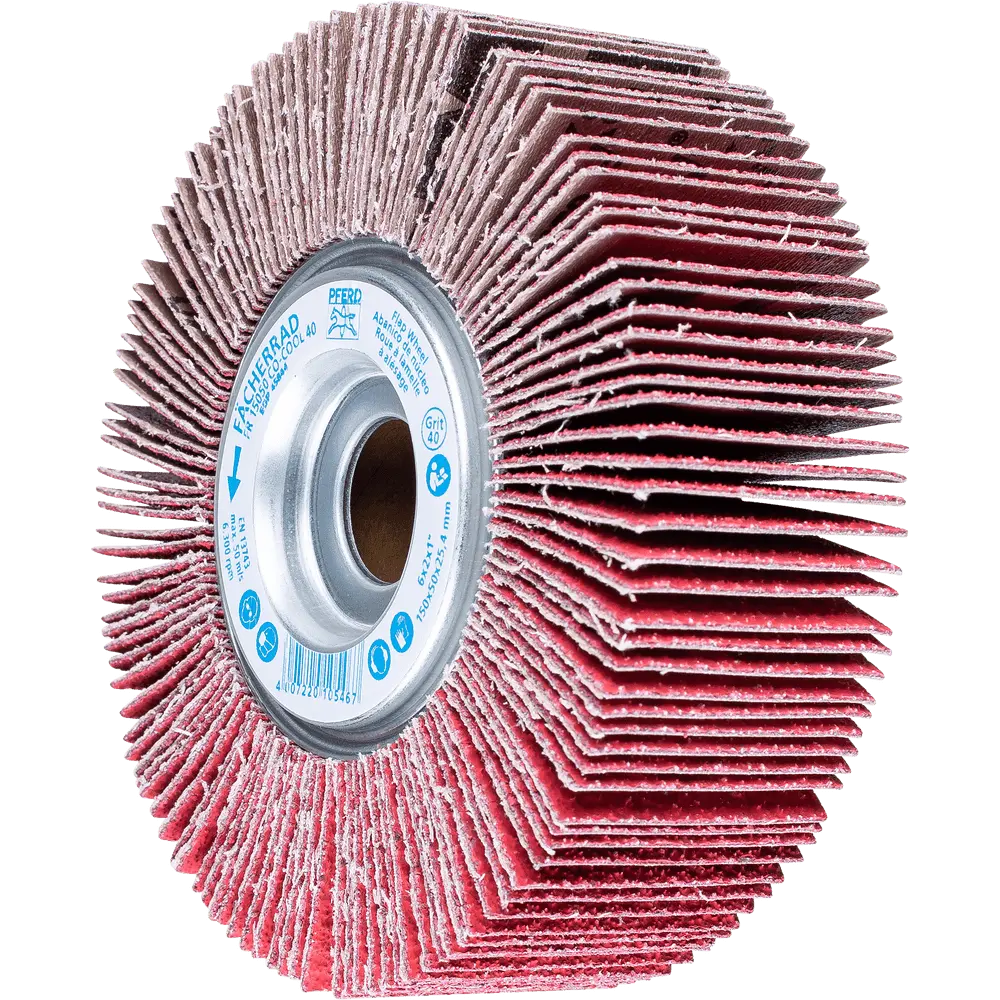 Produktfoto 1 von PFERD TOOLS Lamellenschleifrad FR Ø 150x50mm Bohrung Ø 25,4 mm CO-COOL40 für kühlen Schliff auf Edelstahl, 2 Stk.