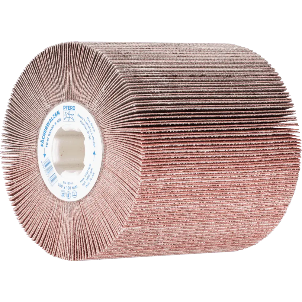 Produktfoto 1 von PFERD TOOLS Fächerschleifwalze Ø 100x100 Keilnut 19 mm A120 zum universellen Einsatz auf Walzenantrieben