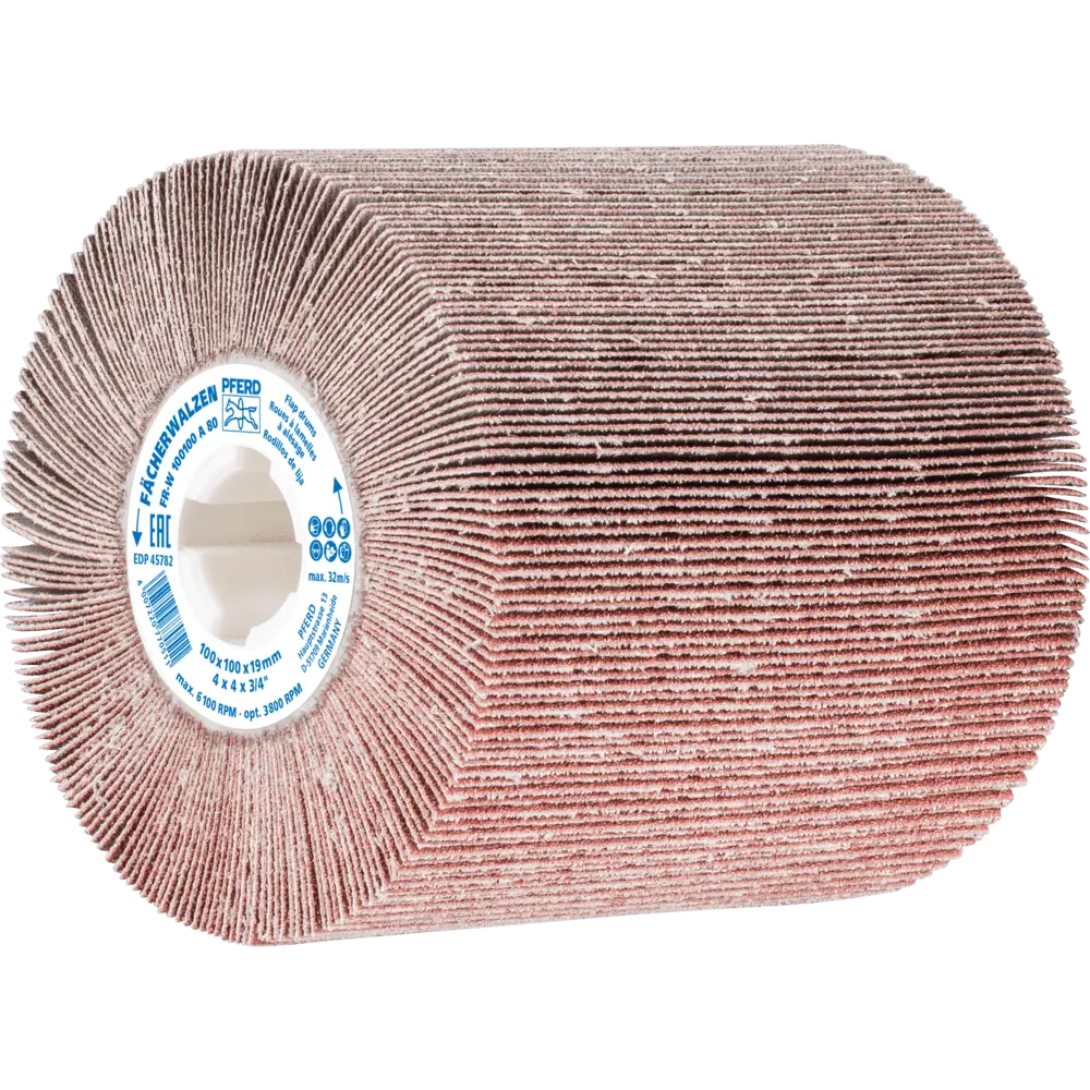 Produktfoto 1 von PFERD TOOLS Fächerschleifwalze Ø 100x100 Keilnut 19 mm A80 zum universellen Einsatz auf Walzenantrieben