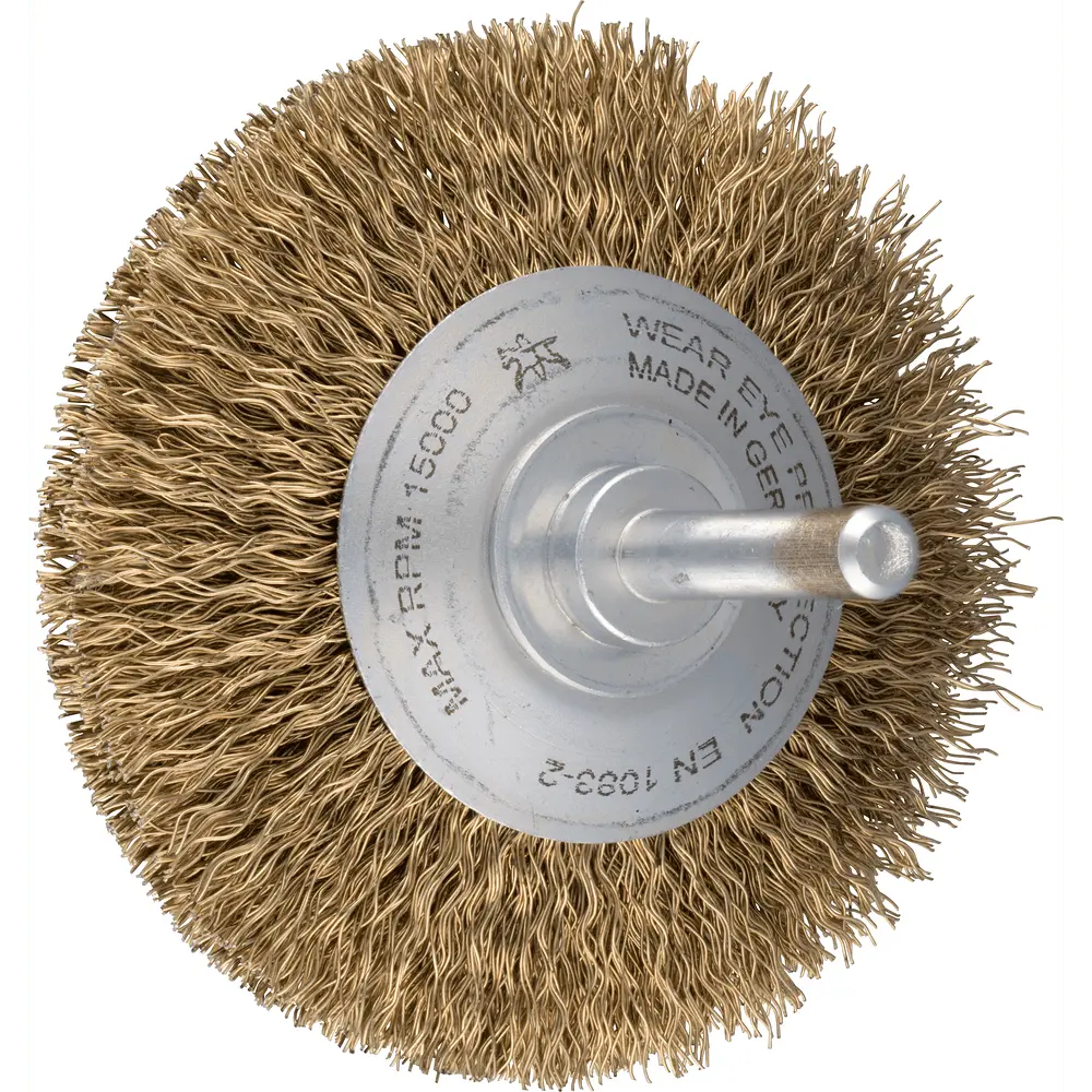 Produktfoto 1 von PFERD TOOLS Kegelbürste ungezopft KBU Ø70x10mm Schaft-Ø6 mm vermessingter Stahl-Litzen-Draht-Ø0,25 mm, 10 Stk.