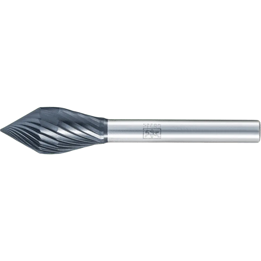 Produktfoto 1 von PFERD TOOLS Hartmetall Hochleistungsfrässtift Zahnung 3 KZW Ø12x25mm Sch.-Ø 6mm HICOAT besch. Spezialform für Anfas-/Entgratarbeiten im Robotereinsatz