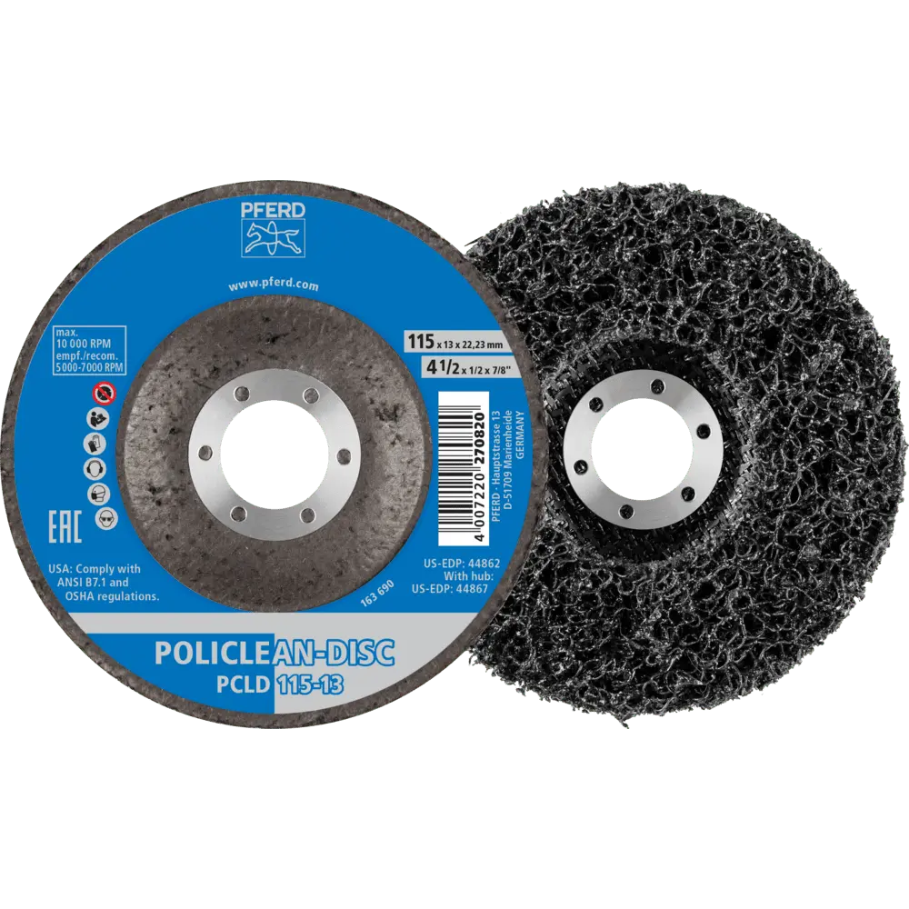 Produktfoto 1 von PFERD TOOLS POLICLEAN PCLD Reinigungsvlies Ø 115x13 mm Bohrung Ø 22,3 mm für grobe Reinigungsarbeiten, 5 Stk.