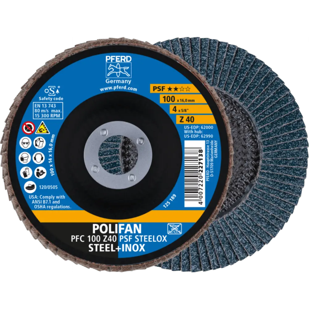 Produktfoto 1 von PFERD TOOLS POLIFAN Fächerscheibe PFC 100x16 mm konisch Z40 Universallinie PSF STEELOX Stahl/Edelstahl, 10 Stk.
