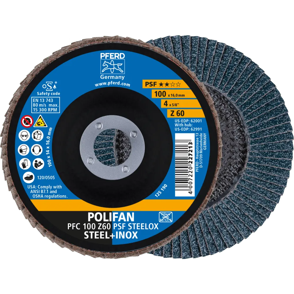 Produktfoto 1 von PFERD TOOLS POLIFAN Fächerscheibe PFC 100x16 mm konisch Z60 Universallinie PSF STEELOX Stahl/Edelstahl, 10 Stk.