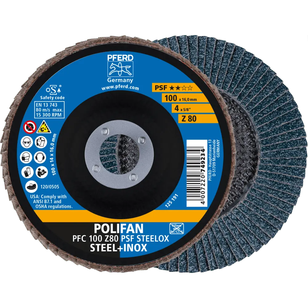 PFERD TOOLS POLIFAN Fächerscheibe PFC 100x16 mm konisch Z80 Universallinie PSF STEELOX Stahl/Edelstahl, 10 Stk.