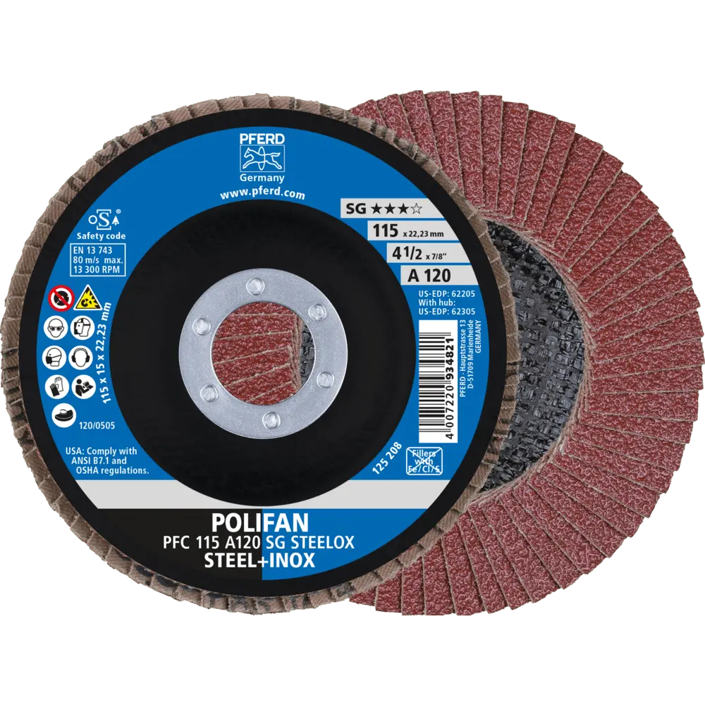 Produktfoto 1 von PFERD TOOLS POLIFAN Fächerscheibe PFC 115x22,23 mm konisch A120 SG STEELOX Stahl/Edelstahl, 10 Stk.