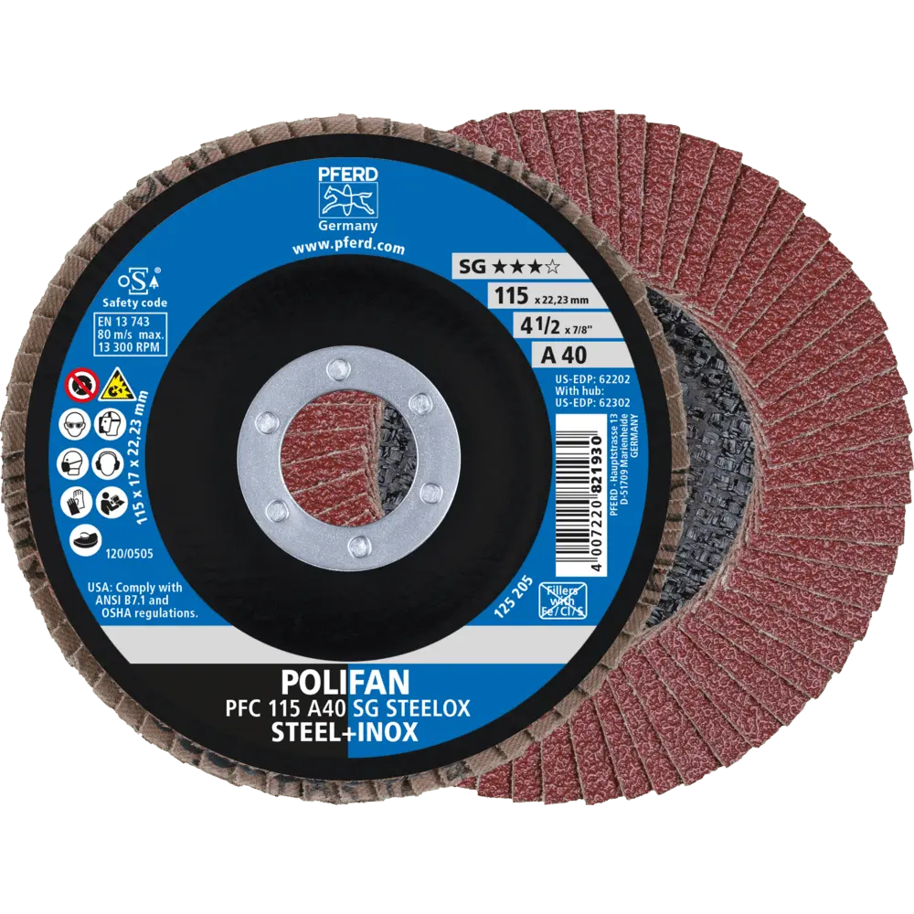 Produktfoto 1 von PFERD TOOLS POLIFAN Fächerscheibe PFC 115x22,23 mm konisch A40 SG STEELOX Stahl/Edelstahl, 10 Stk.