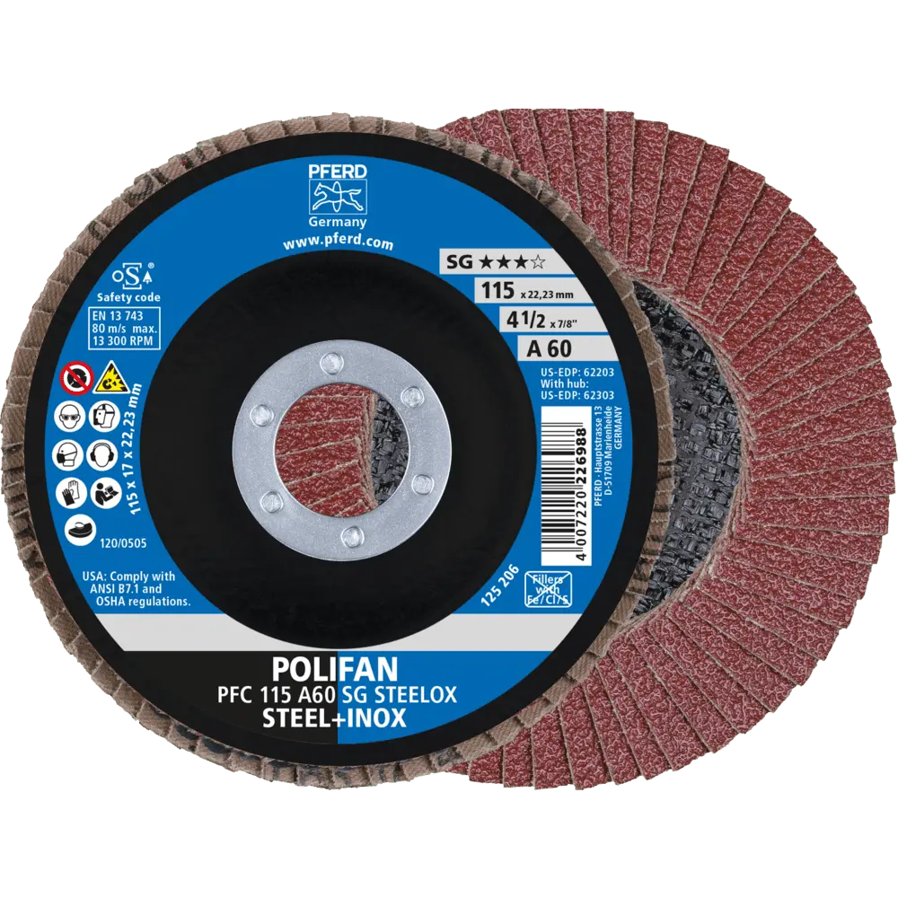 Produktfoto 1 von PFERD TOOLS POLIFAN Fächerscheibe PFC 115x22,23 mm konisch A60 SG STEELOX Stahl/Edelstahl, 10 Stk.