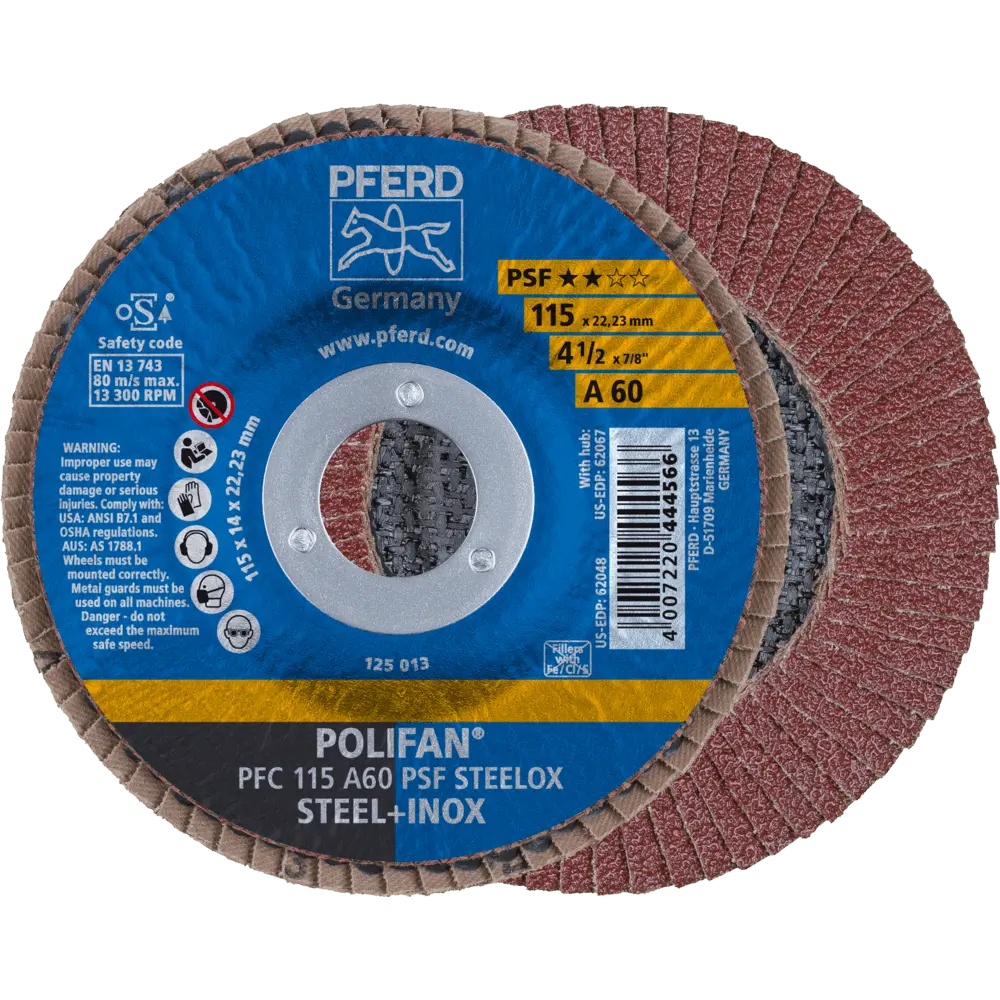 PFERD TOOLS POLIFAN Fächerscheibe PFC 115x22,23 mm konisch A60 Uni.-Linie PSF STEELOX Stahl/Edelstahl, 10 Stk.