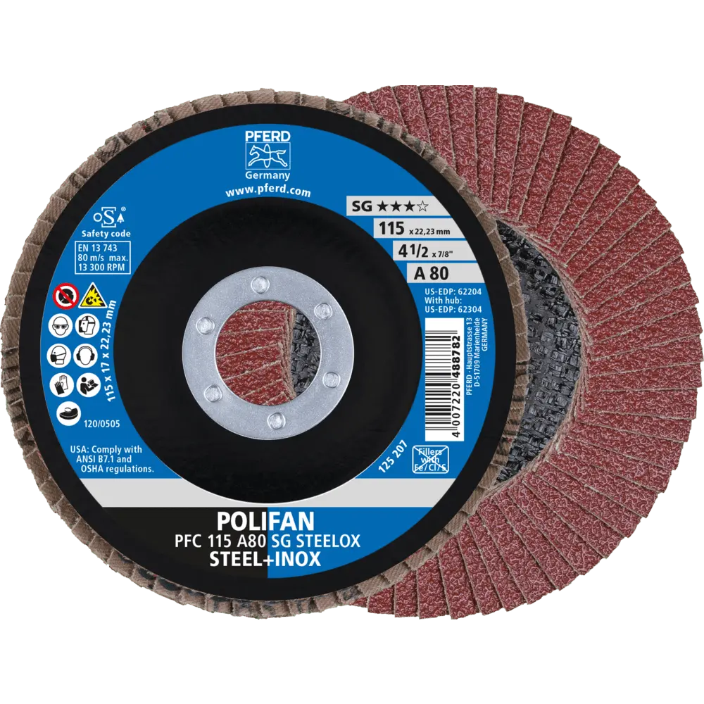 Produktfoto 1 von PFERD TOOLS POLIFAN Fächerscheibe PFC 115x22,23 mm konisch A80 SG STEELOX Stahl/Edelstahl, 10 Stk.