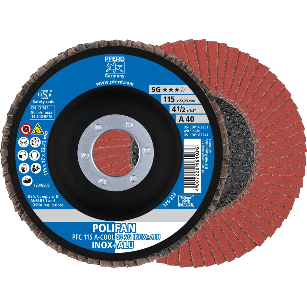 Produktfoto 1 von PFERD TOOLS POLIFAN Fächerscheibe PFC 115x22,23 mm konisch A-COOL 40 SG INOX+ALU Edelstahl/Alu, 10 Stk.