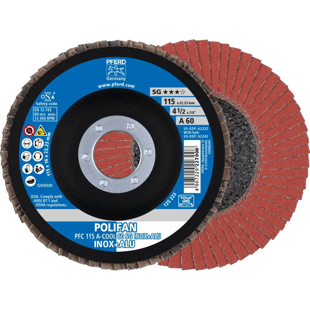 Produktfoto 1 von PFERD TOOLS POLIFAN Fächerscheibe PFC 115x22,23 mm konisch A-COOL 60 SG INOX+ALU Edelstahl/Alu, 10 Stk.