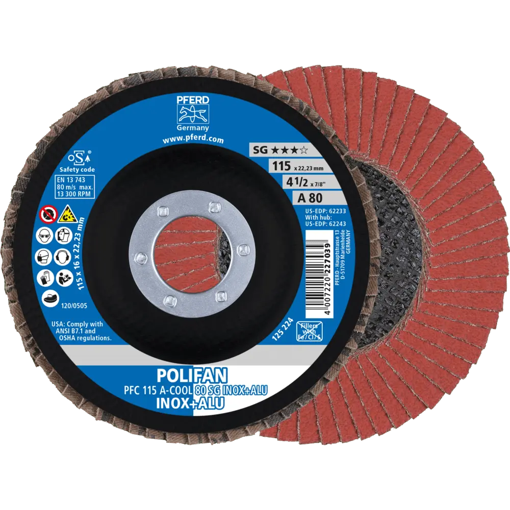 Produktfoto 1 von PFERD TOOLS POLIFAN Fächerscheibe PFC 115x22,23 mm konisch A-COOL 80 SG INOX+ALU Edelstahl/Alu, 10 Stk.