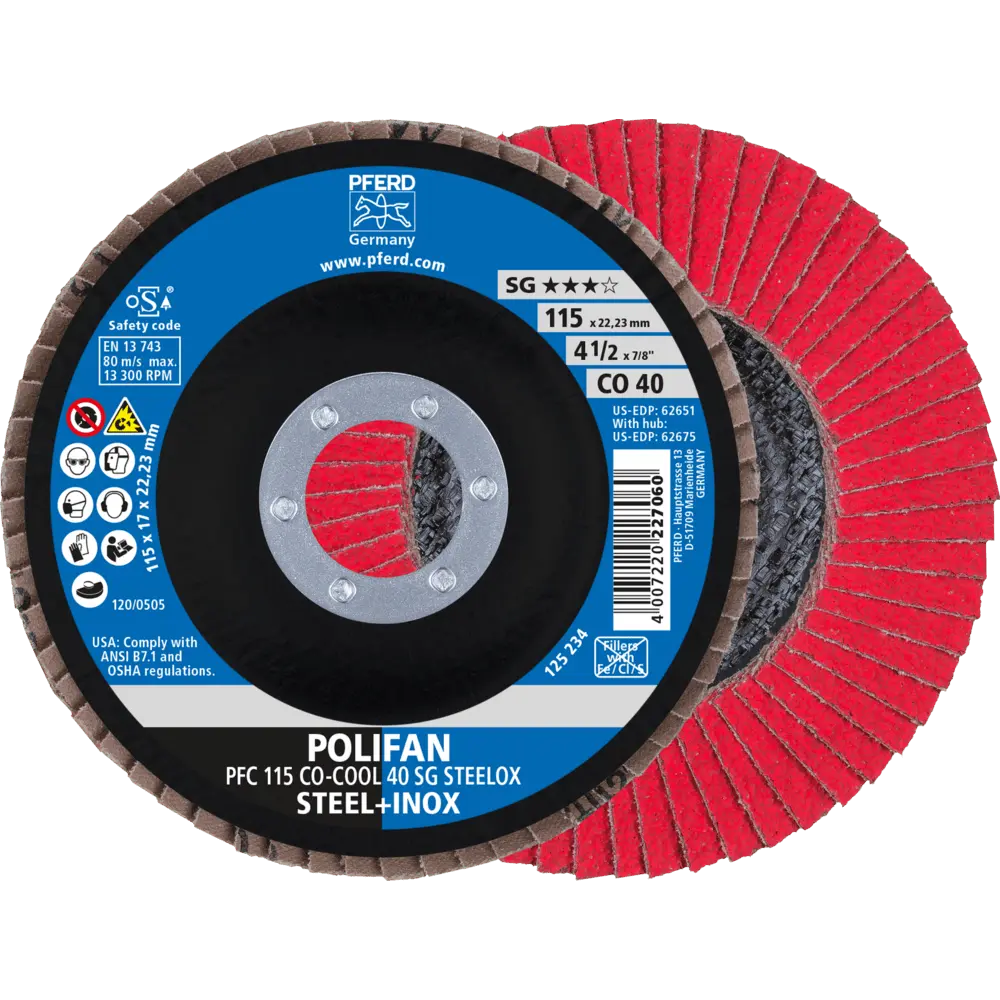 Produktfoto 1 von PFERD TOOLS POLIFAN Fächerscheibe PFC 115x22,23 mm konisch CO-COOL 40 SG STEELOX Stahl/Edelstahl, 10 Stk.