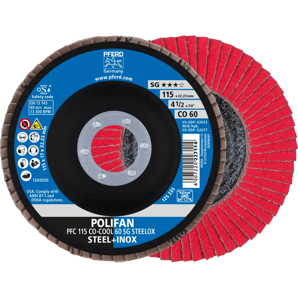 Produktfoto 1 von PFERD TOOLS POLIFAN Fächerscheibe PFC 115x22,23 mm konisch CO-COOL 60 SG STEELOX Stahl/Edelstahl, 10 Stk.