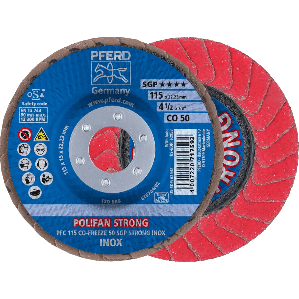 Produktfoto 1 von PFERD TOOLS POLIFAN STRONG Fächerscheibe PFC 115x22,23 mm konisch CO-FREEZE 50 SGP INOX für Edelstahl, 10 Stk.