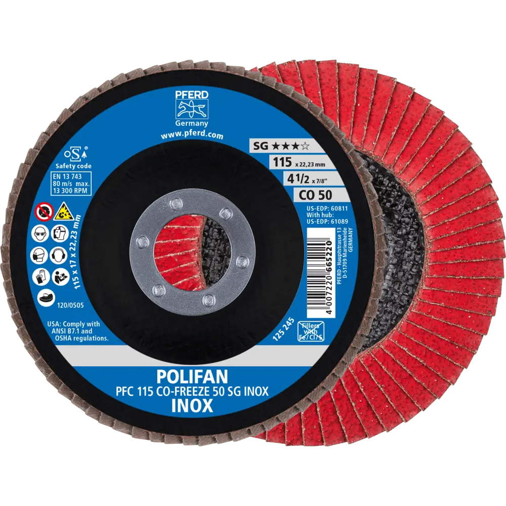 Produktfoto 1 von PFERD TOOLS POLIFAN Fächerscheibe PFC 115x22,23 mm konisch CO-FREEZE 50 SG INOX Edelstahl, 10 Stk.