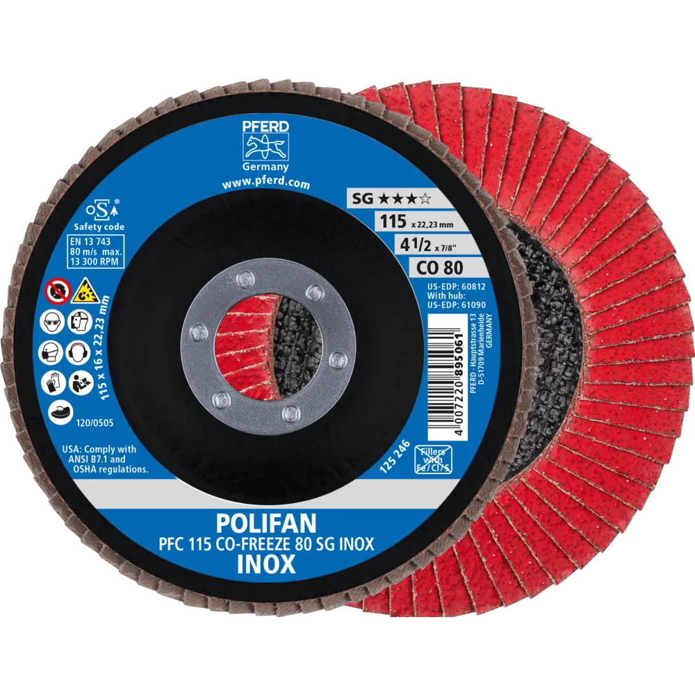 Produktfoto 1 von PFERD TOOLS POLIFAN Fächerscheibe PFC 115x22,23 mm konisch CO-FREEZE 80 SG INOX Edelstahl, 10 Stk.