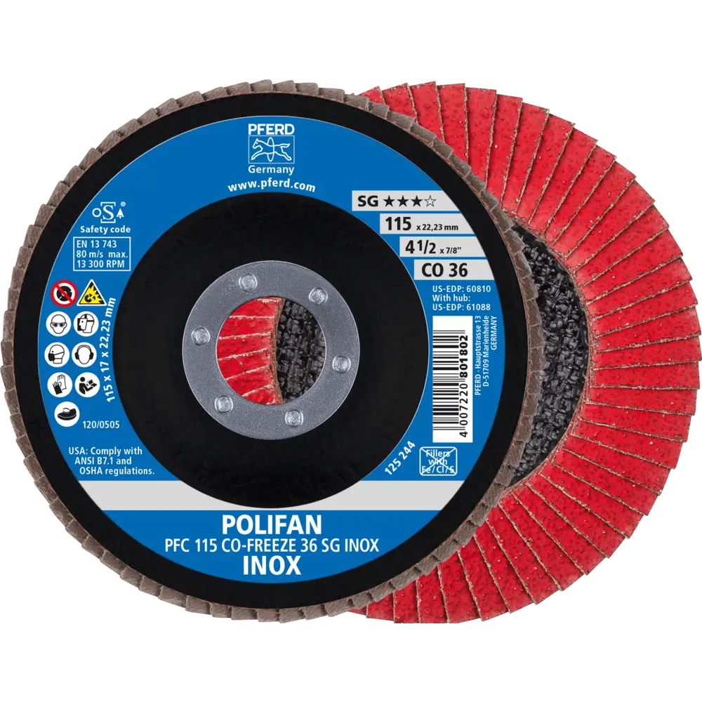Produktfoto 1 von PFERD TOOLS POLIFAN Fächerscheibe PFC 115x22,23 mm konisch CO-FREEZE 36 SG INOX Edelstahl, 10 Stk.