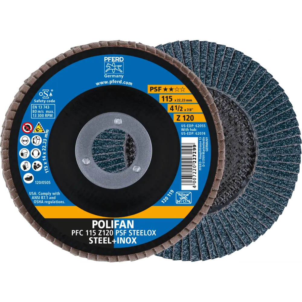 Produktfoto 1 von PFERD TOOLS POLIFAN Fächerscheibe PFC 115x22,23 mm konisch Z120 Uni.-Linie PSF STEELOX Stahl/Edelstahl, 10 Stk.