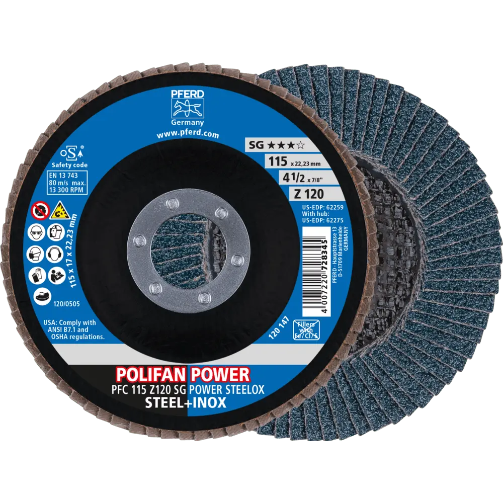 Produktfoto 1 von PFERD TOOLS POLIFAN POWER Fächerscheibe PFC 115x22,23 mm konisch Z120 SG STEELOX Stahl/Edelstahl, 10 Stk.