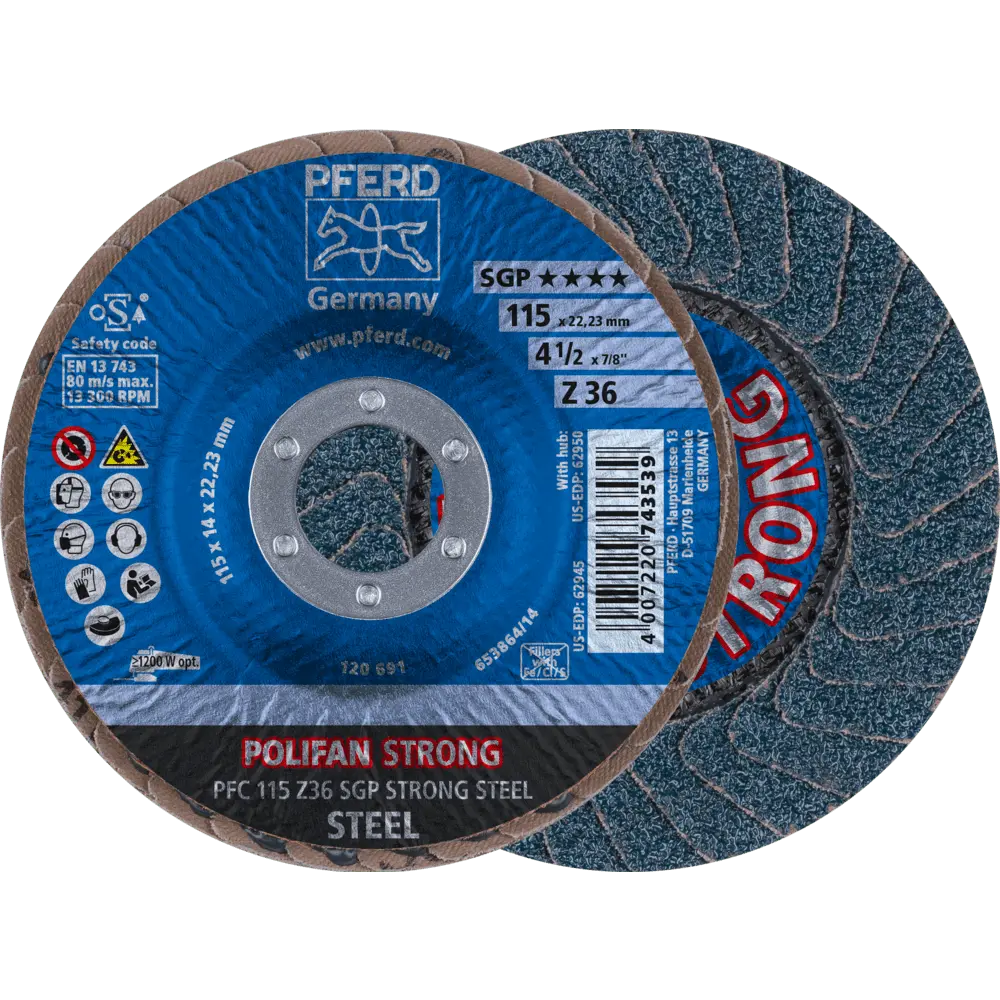 Produktfoto 1 von PFERD TOOLS POLIFAN STRONG Fächerscheibe PFC 115x22,23 mm konisch Z36 Speziallinie SGP STEEL für Stahl, 10 Stk.