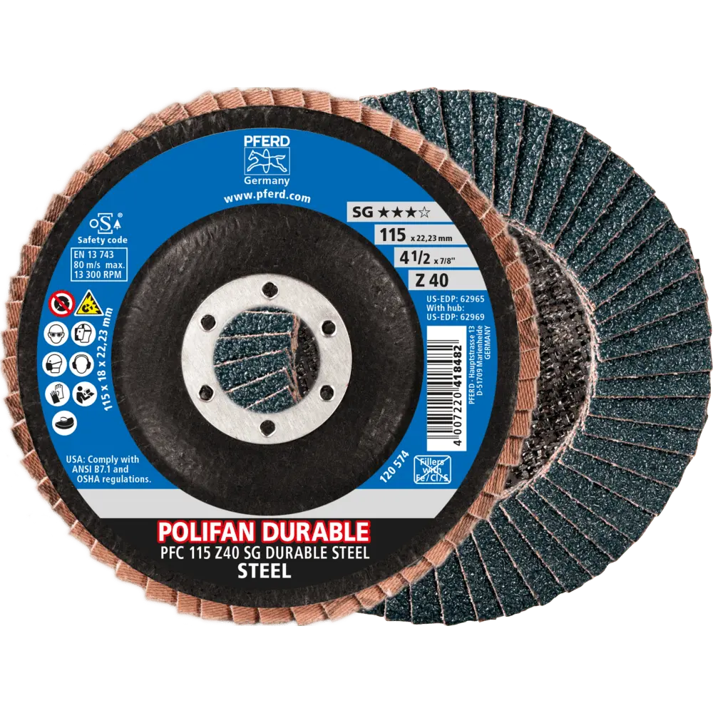 Produktfoto 1 von PFERD TOOLS POLIFAN POWER Fächerscheibe PFC 115x22,23 mm konisch Z40 Leistungslinie SG DURABLE STEEL für Stahl, 10 Stk.