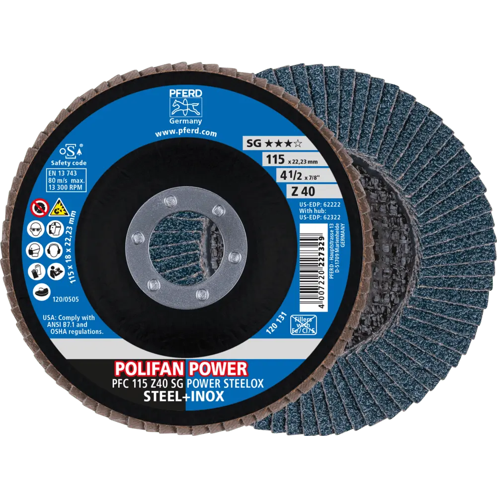 Produktfoto 1 von PFERD TOOLS POLIFAN POWER Fächerscheibe PFC 115x22,23 mm konisch Z40 SG STEELOX Stahl/Edelstahl, 10 Stk.