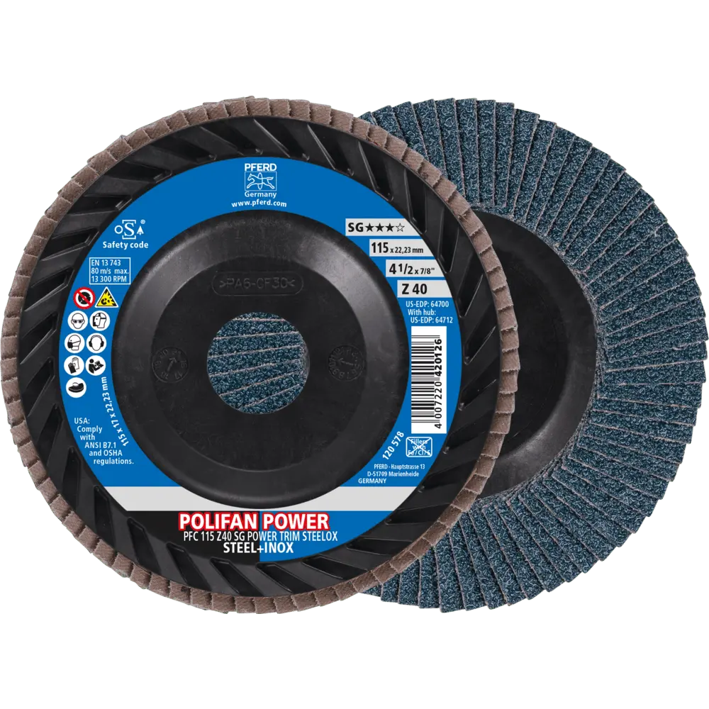 Produktfoto 1 von PFERD TOOLS POLIFAN POWER Fächerscheibe PFC 115x22,23 mm konisch Z40 Leistungslinie SG TRIM STEELOX für Stahl/Edelstahl, 10 Stk.