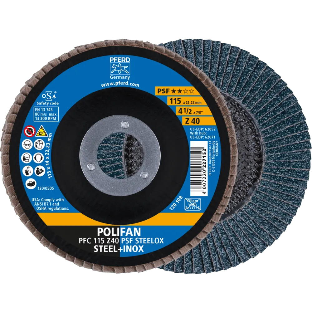 Produktfoto 1 von PFERD TOOLS POLIFAN Fächerscheibe PFC 115x22,23 mm konisch Z40 Uni.-Linie PSF STEELOX Stahl/Edelstahl, 10 Stk.