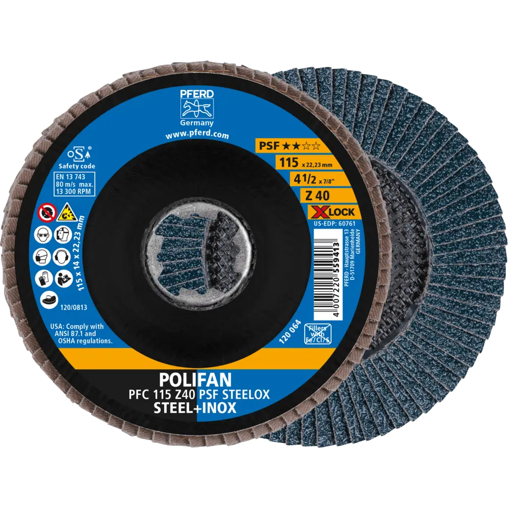 Produktfoto 1 von PFERD TOOLS POLIFAN Fächerscheibe PFC 115 mm X-LOCK konisch Z40 Uni.-Linie PSF STEELOX Stahl/Edelstahl, 10 Stk.