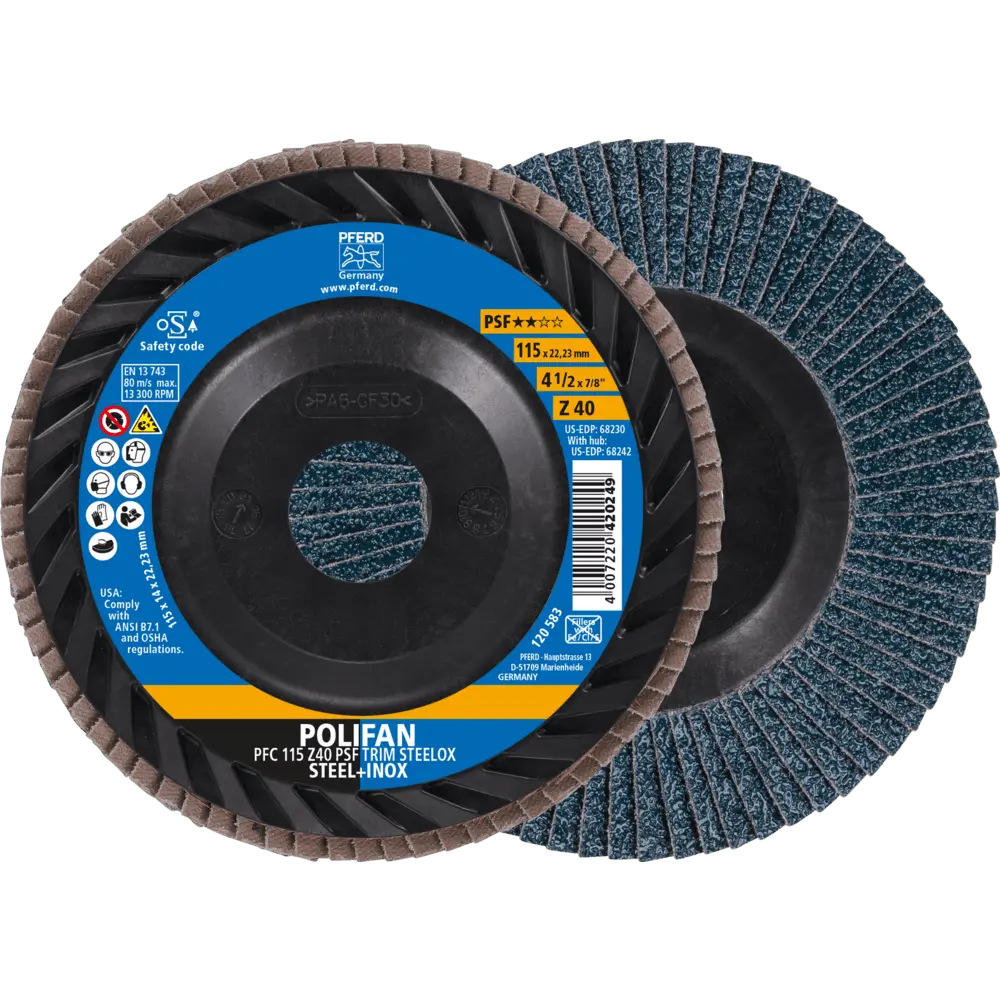 Produktfoto 1 von PFERD TOOLS POLIFAN Fächerscheibe PFC 115x22,23 mm konisch Z40 Universallinie PSF TRIM STEELOX für Stahl/Edelstahl, 10 Stk.