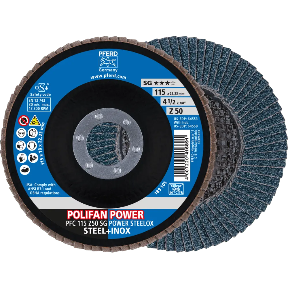 Produktfoto 1 von PFERD TOOLS POLIFAN POWER Fächerscheibe PFC 115x22,23 mm konisch Z50 Leistungslinie SG STEELOX für Stahl/Edelstahl, 10 Stk.