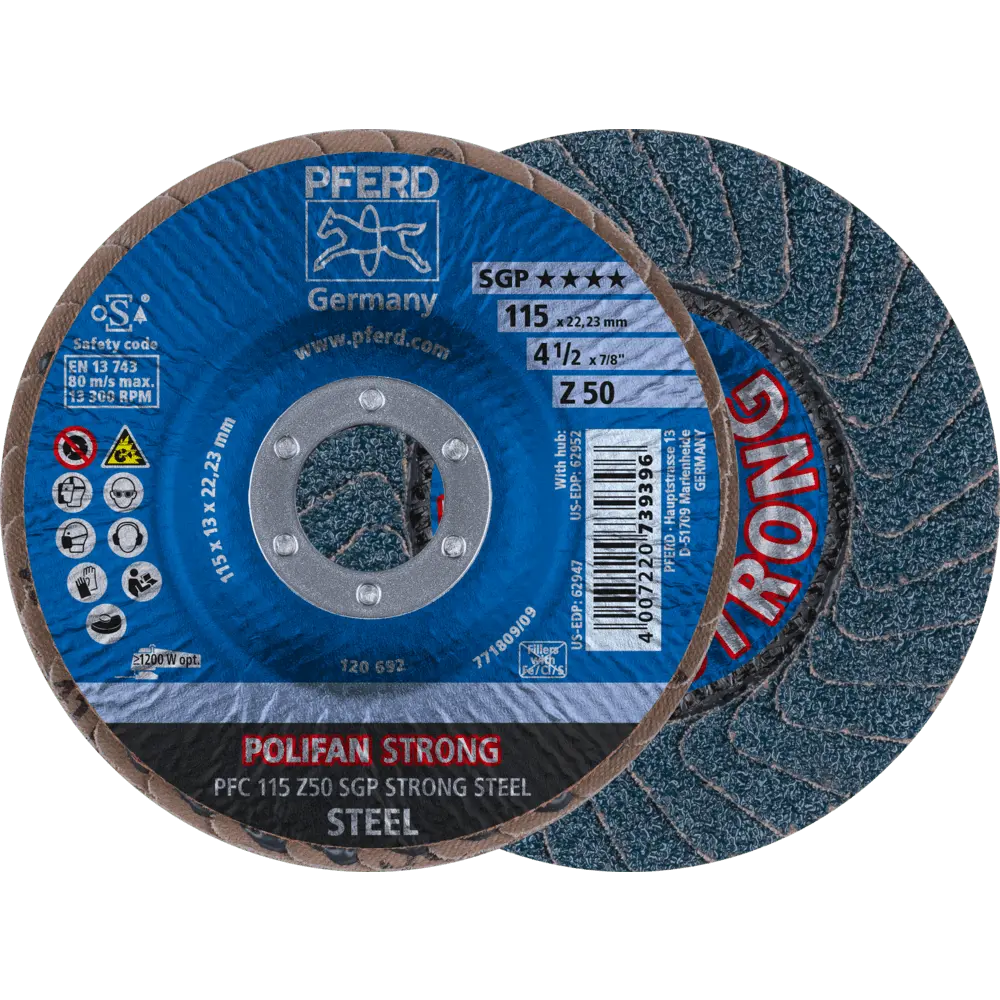 Produktfoto 1 von PFERD TOOLS POLIFAN STRONG Fächerscheibe PFC 115x22,23 mm konisch Z50 Speziallinie SGP STEEL für Stahl, 10 Stk.