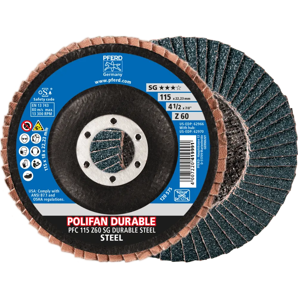 Produktfoto 1 von PFERD TOOLS POLIFAN POWER Fächerscheibe PFC 115x22,23 mm konisch Z60 Leistungslinie SG DURABLE STEEL für Stahl, 10 Stk.