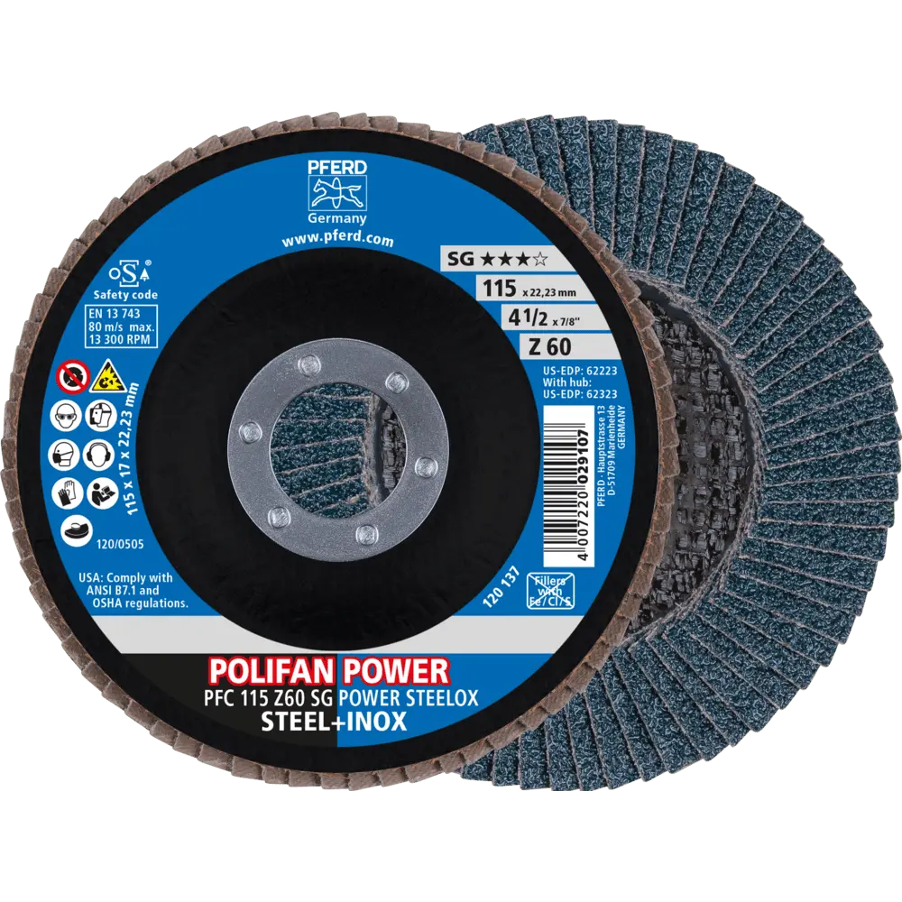 Produktfoto 1 von PFERD TOOLS POLIFAN POWER Fächerscheibe PFC 115x22,23 mm konisch Z60 SG STEELOX Stahl/Edelstahl, 10 Stk.