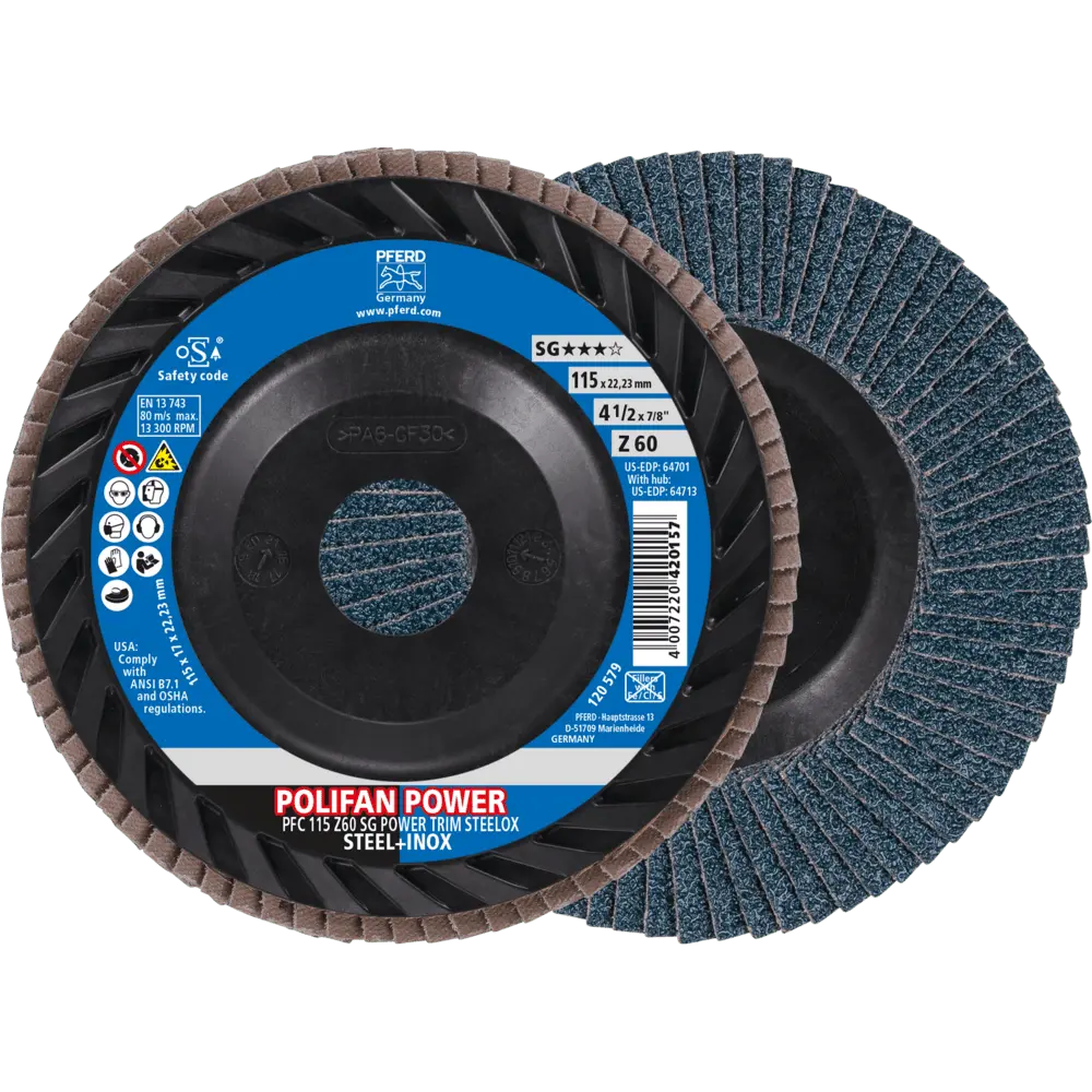 Produktfoto 1 von PFERD TOOLS POLIFAN POWER Fächerscheibe PFC 115x22,23 mm konisch Z60 Leistungslinie SG TRIM STEELOX für Stahl/Edelstahl, 10 Stk.