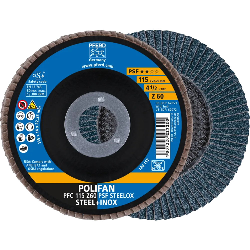Produktfoto 1 von PFERD TOOLS POLIFAN Fächerscheibe PFC 115x22,23 mm konisch Z60 Uni.-Linie PSF STEELOX Stahl/Edelstahl, 10 Stk.