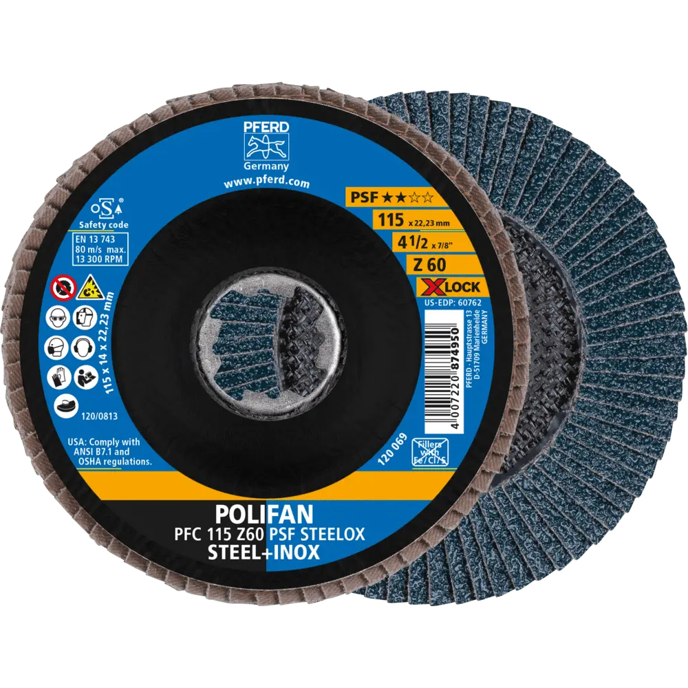 Produktfoto 1 von PFERD TOOLS POLIFAN Fächerscheibe PFC 115 mm X-LOCK konisch Z60 Uni.-Linie PSF STEELOX Stahl/Edelstahl, 10 Stk.