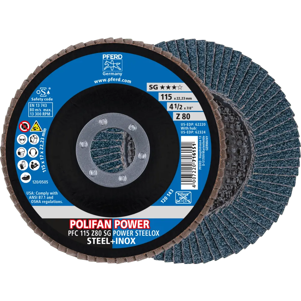 Produktfoto 1 von PFERD TOOLS POLIFAN POWER Fächerscheibe PFC 115x22,23 mm konisch Z80 SG STEELOX Stahl/Edelstahl, 10 Stk.