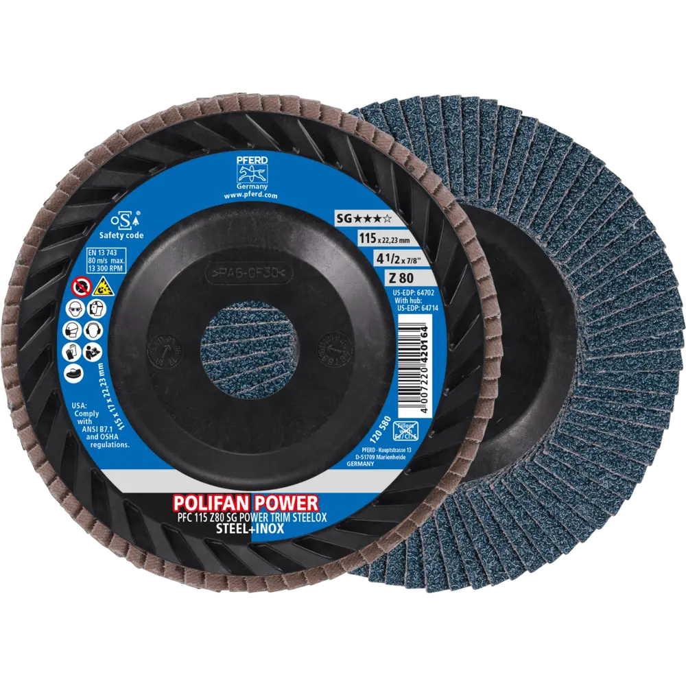 Produktfoto 1 von PFERD TOOLS POLIFAN POWER Fächerscheibe PFC 115x22,23 mm konisch Z80 Leistungslinie SG TRIM STEELOX für Stahl/Edelstahl, 10 Stk.