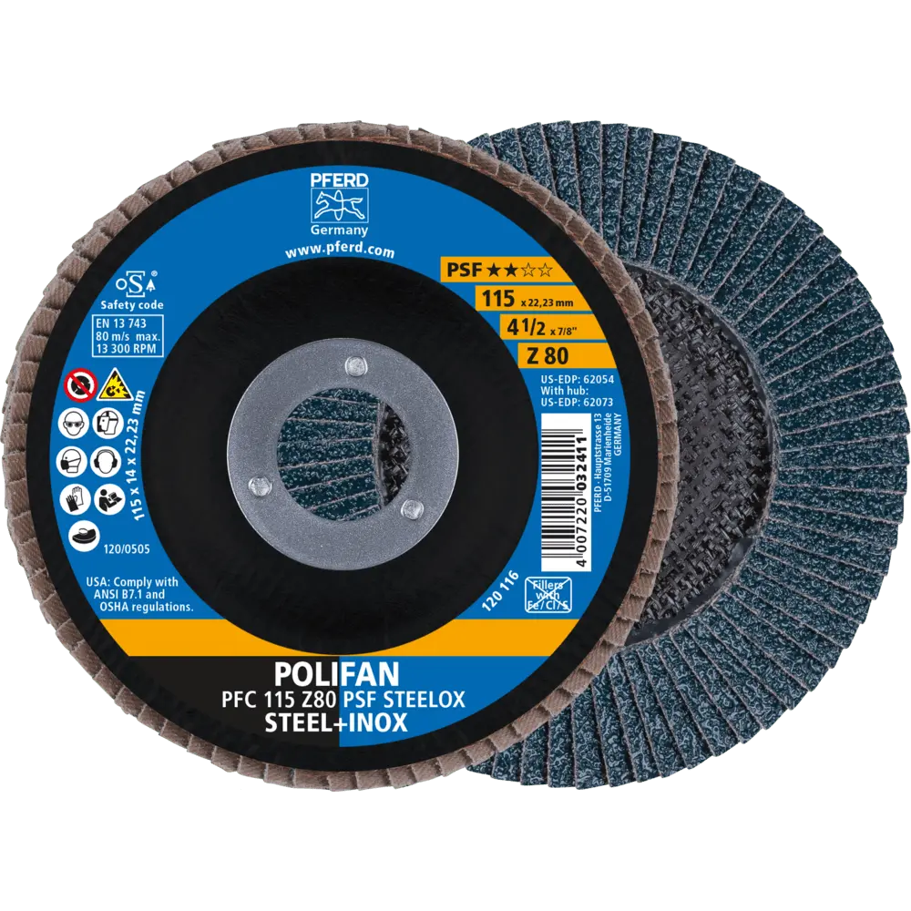 PFERD TOOLS POLIFAN Fächerscheibe PFC 115x22,23 mm konisch Z80 Uni.-Linie PSF STEELOX Stahl/Edelstahl, 10 Stk.