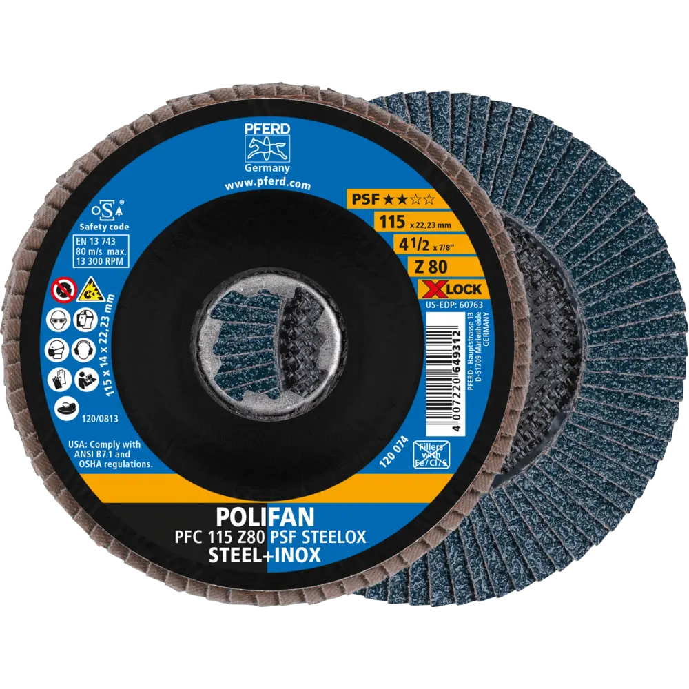 Produktfoto 1 von PFERD TOOLS POLIFAN Fächerscheibe PFC 115 mm X-LOCK konisch Z80 Uni.-Linie PSF STEELOX Stahl/Edelstahl, 10 Stk.
