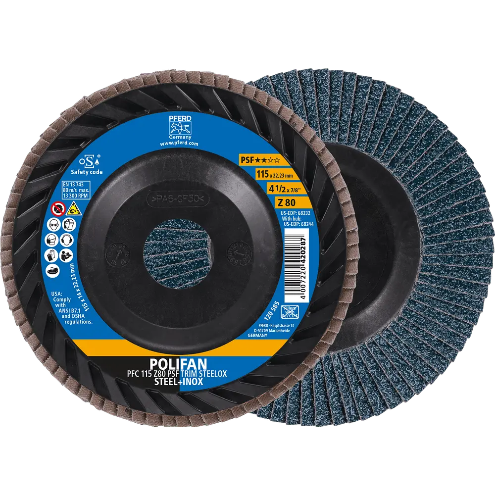 Produktfoto 1 von PFERD TOOLS POLIFAN Fächerscheibe PFC 115x22,23 mm konisch Z80 Universallinie PSF TRIM STEELOX für Stahl/Edelstahl, 10 Stk.