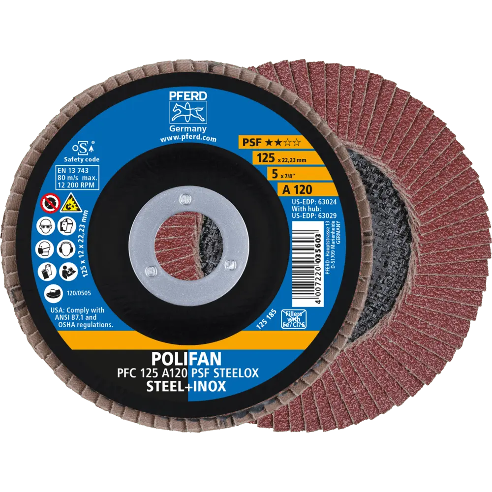 Produktfoto 1 von PFERD TOOLS POLIFAN Fächerscheibe PFC 125x22,23 mm konisch A120 Uni.-Linie PSF STEELOX Stahl/Edelstahl, 10 Stk.