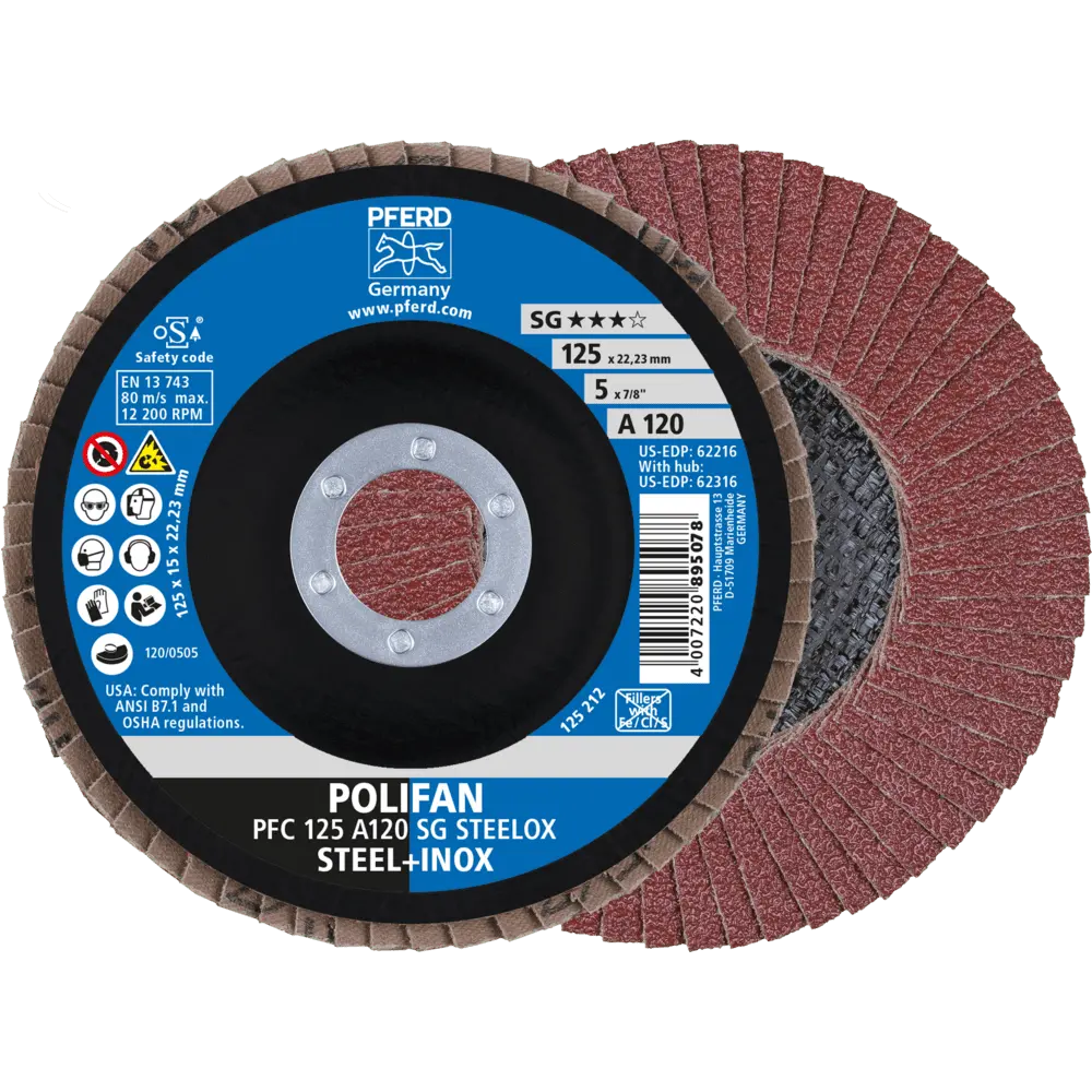 Produktfoto 1 von PFERD TOOLS POLIFAN Fächerscheibe PFC 125x22,23 mm konisch A120 SG STEELOX Stahl/Edelstahl, 10 Stk.